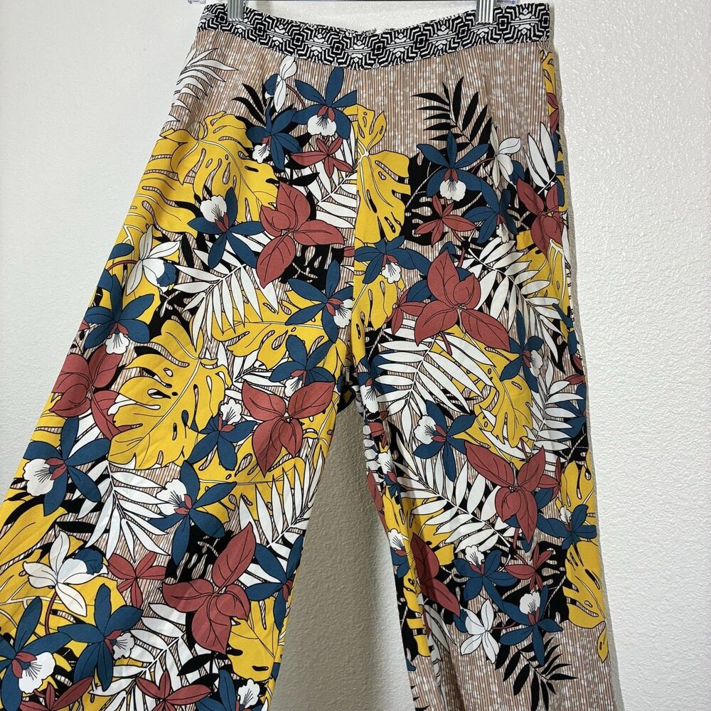 Alya Pants Womens Large Multicolor Tropical Floral Wide Leg Crepe Zip Casual